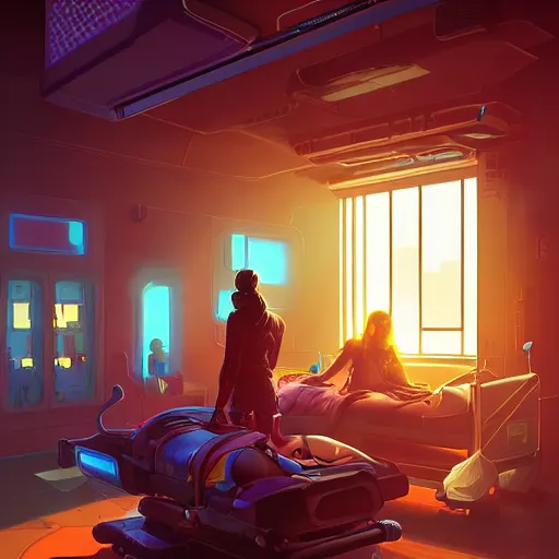 Image similar to a beautiful painting of a futuristic cyberpunk hospital room, atmospheric lighting, olumetric lighting, beautiful, rich deep colours masterpiece, golden hour, sharp focus, ultra detailed, concept art by Dan Mumford and marc simonetti Trending on artstation