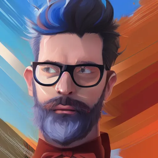 Prompt: Athletic Man in his 30s, dark blond and salt-and-pepper hair with a short beard, thick dark glasses, blue eyes, big nose, wearing stripe shirt, jean and multicolor shoes, digital painting, 4k, anime key visual, rays of light, artstation, kuvshinov ilya, landscape by Noah Bradley