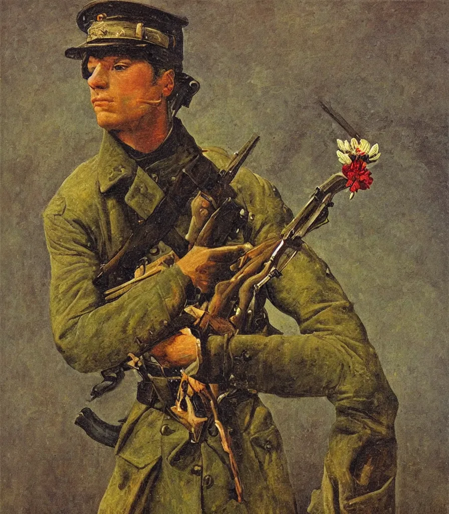 Image similar to an impasto oil painting of a soldier holding a flower instead of a gun painted by caspar david friedrich, high detail