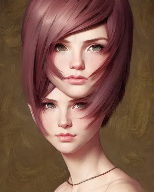 Image similar to portrait of pink short haired half elf with bangs, intricate, elegant, highly detailed, my rendition, digital painting, artstation, concept art, smooth, sharp focus, illustration, art by artgerm and greg rutkowski and alphonse mucha and uang guangjian and gil elvgren and sachin teng and wlop, symmetry!!