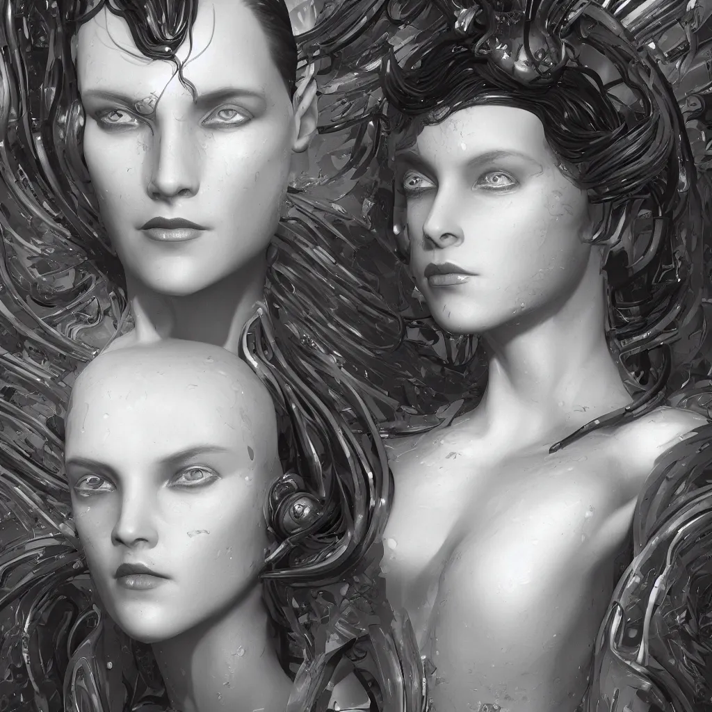 Image similar to a dramatic art nouveau edged bust portrait of a seductive alien space goddess, perfectly symmetrical facial features, beautiful confident eyes, photorealism, by adam hughes, frank frazetta and james cameron, sensual volumetric lighting, vray render, zbrush, artstation, deviantart, season of mist, blade runner, the matrix