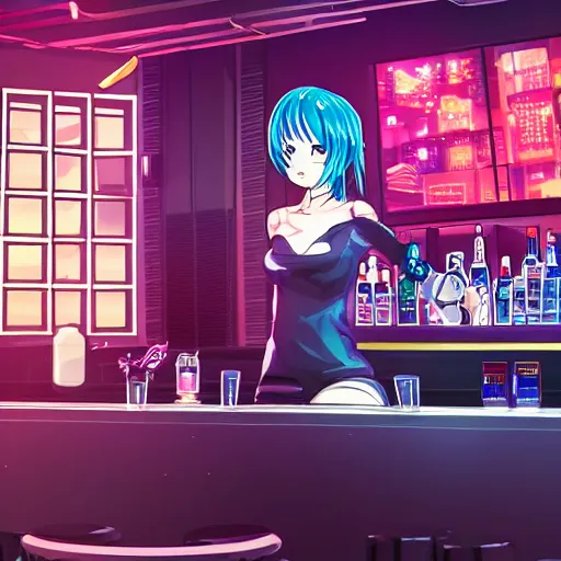 Image similar to anime girl in a cyberpunk city bar at night