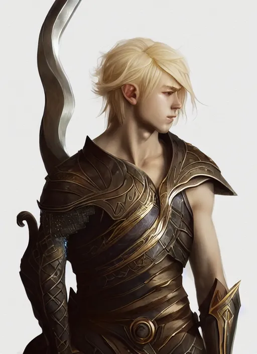 Prompt: Half-body portrait an elven princes with blonde hair and giant sword. In style of Hyung-tae Kim and Greg Rutkowski, concept art, trending on ArtStation, Korean MMORPG, over-detailed art, 8K, epic, dynamic lightning, dramatic pose.