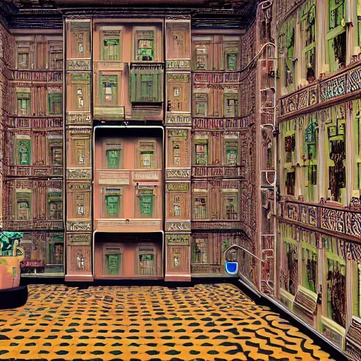 Image similar to a metaverse virtual world, designed by wes anderson and hr giger