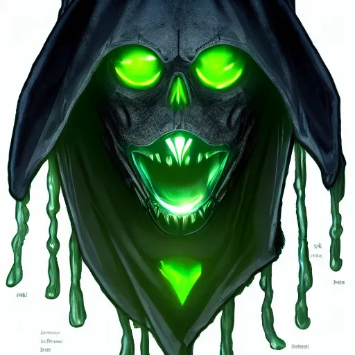 Image similar to award - winning. trending on artstation. 4 k. eerie tone. a shadowy figure wearing a green hooded cape with many blue glowing eyes on its face and an open maw on its chest.