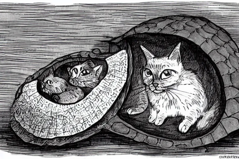 Image similar to a cat in a turtle shell, cartoon