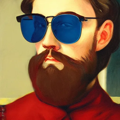 Prompt: closeup front portrait of duke leto atreides, short beard, long hair, hipster haircut, sunglasses, painted by Edward Hopper
