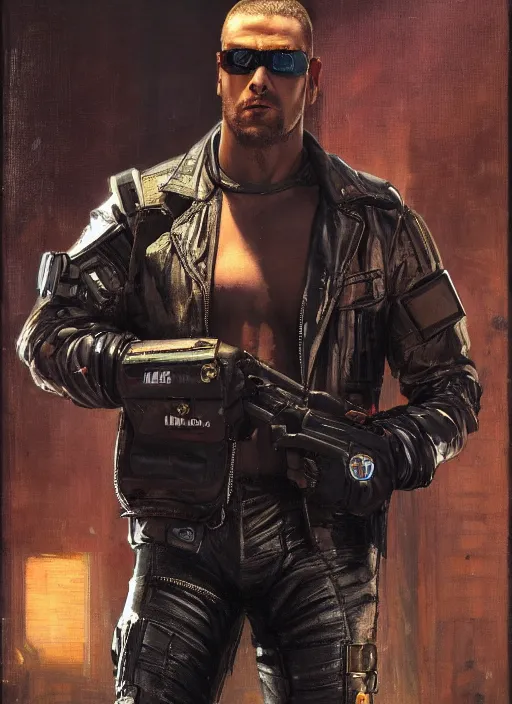 Image similar to big mike. cyberpunk boxer wearing a military vest and combat gear. (Cyberpunk 2077, bladerunner 2049). Round face. Iranian orientalist portrait by john william waterhouse and Edwin Longsden Long and Theodore Ralli and Nasreddine Dinet, oil on canvas. Cinematic, hyper realism, realistic proportions, dramatic lighting, high detail 4k