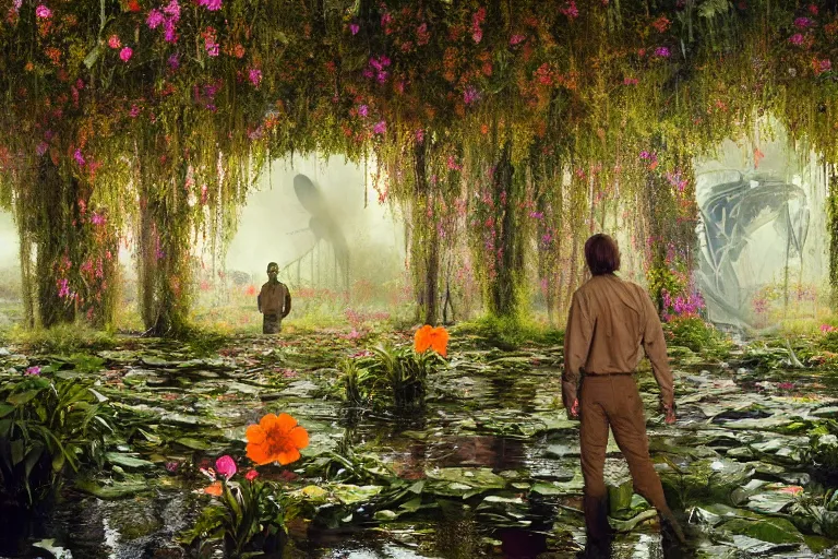 Image similar to hyperrealism, scene from starship, louisiana swamps, orange blooming flowers garden, true detective, 8 k, 8 0 s japanese sci - fi books art