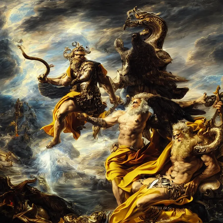 Image similar to mythological Odin all father god of thunder and artificial intelligence creating an artificial neural network with dark yellow synapses on an anvil, high resolution, award winning art, trending on art station, sharp image, incredibly detailed, odin all father detailed character realistic painting, painting by peter paul rubens