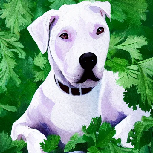 Prompt: painting of a white pitbull on a bed of parsley with a parsley garnish on top, highly detailed