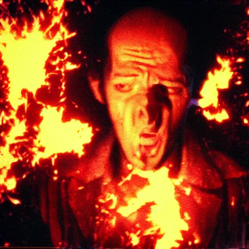 Image similar to filmic extreme realistic wide shot dutch angle movie still 35mm film color photograph of a man's head exploding, in the style of Scanners