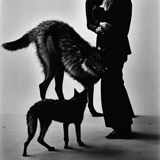 Prompt: the beautiful lady and the wolf, black and white, by richard avedon,