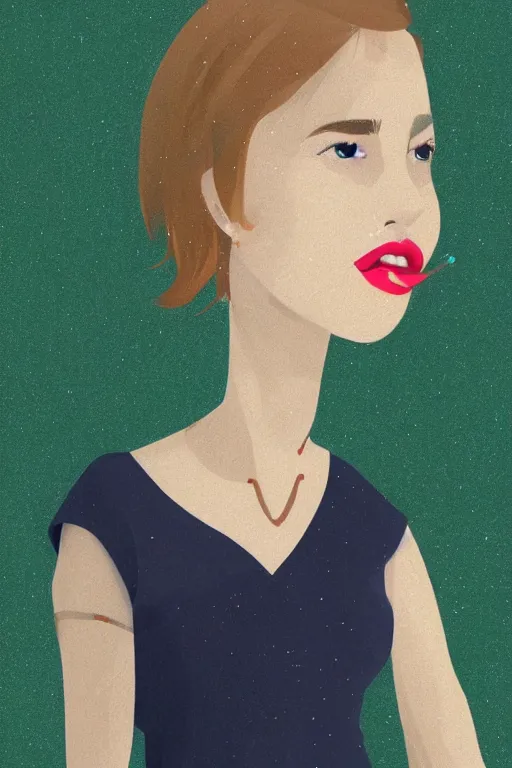 Prompt: a white woman with puffy lips, short hair, green eyes on a green background, the rain is falling along with dried leaves, she is using a navy blue dress, award - winning illustration trending on artstation