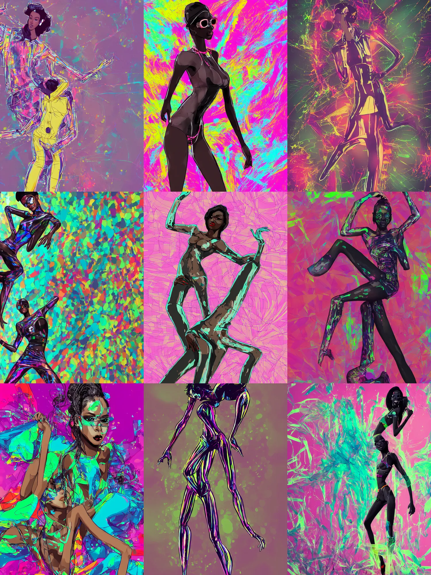 Prompt: illustration of an extremely stylish single dark skinned slender model standing, see - through transparent clothing, vinyl material, colorful details, seen from below, dynamic posing, fashion photoshoot, 4 k, in style of matt houston, by jet set radio,