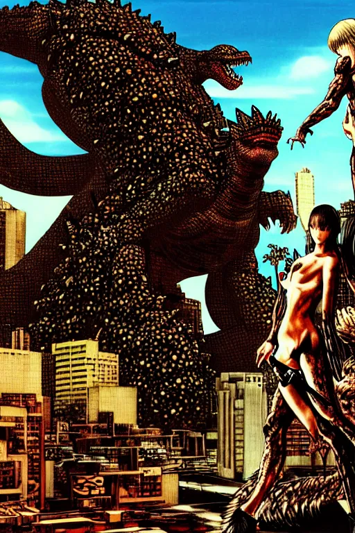 Image similar to adam and eve versus godzilla, gta smooth painting, each individual seeds have ultra high detailed, 4 k, illustration, torn cosmo magazine style, concept art, pop art style, ultra realistic, art by yoji shinkawa, ayami kojima, tetsuya nomura, bob rafei