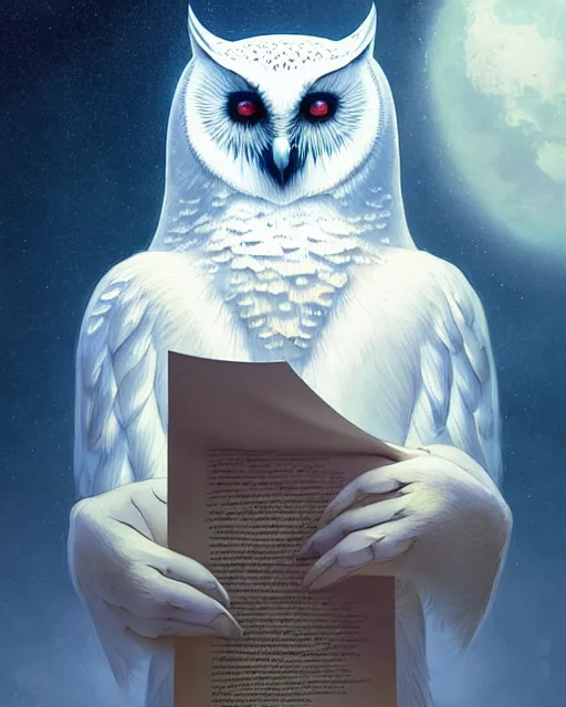 Image similar to beautiful polar owl holding a letter, by artgerm, victo ngai, ryohei hase, artstation, highly detailed digital painting, smooth, global illumination, fantasy art by greg rutkowsky, karl spitzweg, leyendecker