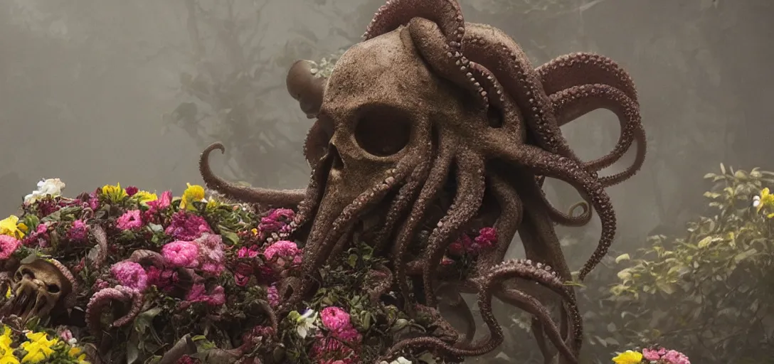 Prompt: an octopus in the shape of a skull surrounded by flowers! at midnight, thick fog, foggy!, thick fog, cinematic shot, photo still from movie by denis villeneuve, wayne barlowe