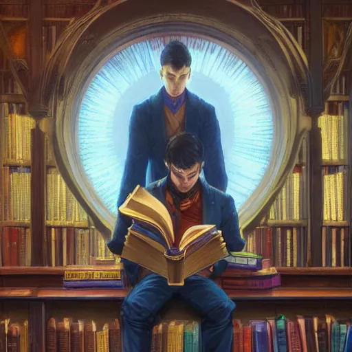 Prompt: fantasy man sitting in library, gold brocaded dark blue clothes, short black hair, books, flowers, colorful, sharp focus, intricate, stark lighting, smooth, ultra realistic illustration, high fantasy, elegant, artgerm, greg rutkowski, alphonse mucha magali villeneuve