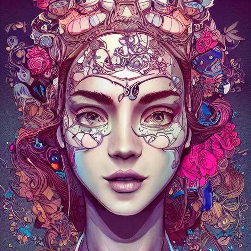 Prompt: the most incredibly beautiful and gorgeous woman with a short chin and wide jaw smiling, an ultrafine detailed illustration by james jean, final fantasy, intricate linework, bright colors, behance contest winner, vanitas, angular, altermodern, unreal engine 5 highly rendered, global illumination, radiant light, detailed and intricate environment