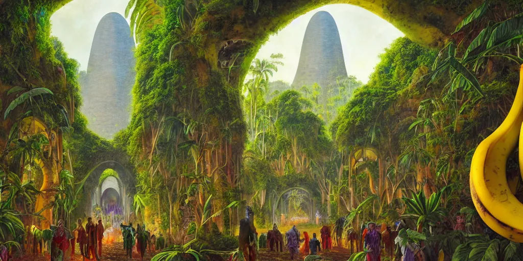 Prompt: through the vibrant umbrage fly the archways and buttresses of the monuments above the catacombs of the eaters of earth, surrounded by banana groves, matte oil painting, science fantasy, retrofuturism, sharp focus, extremely detailed, 4 k