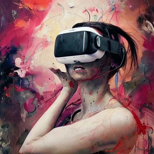 Image similar to grinning woman in a vr headset, dynamic energic pose, cyberpunk in the style of adrian ghenie, esao andrews, jenny saville, surrealism, dark art by james jean, takato yamamoto