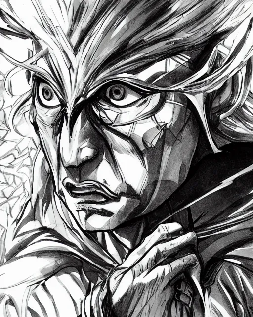 Image similar to An old man looking into a mirror, black and white, fantasy art, in the style of masami kurumada, illustration, epic, fantasy, intricate, hyper detailed, artstation, concept art, smooth, sharp focus, ray tracing