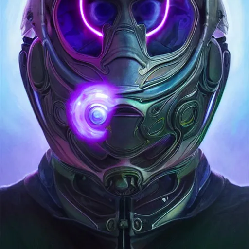 Prompt: Portrait of plant based man wearing futuristic armor with augmented reality headset, purple lighting, intricate, ominous, highly detailed, digital painting, artstation, smooth, sharp focus, illustration, art by artgerm and greg rutkowski and alphonse mucha and Wayne Barlowe and william-adolphe bouguereau