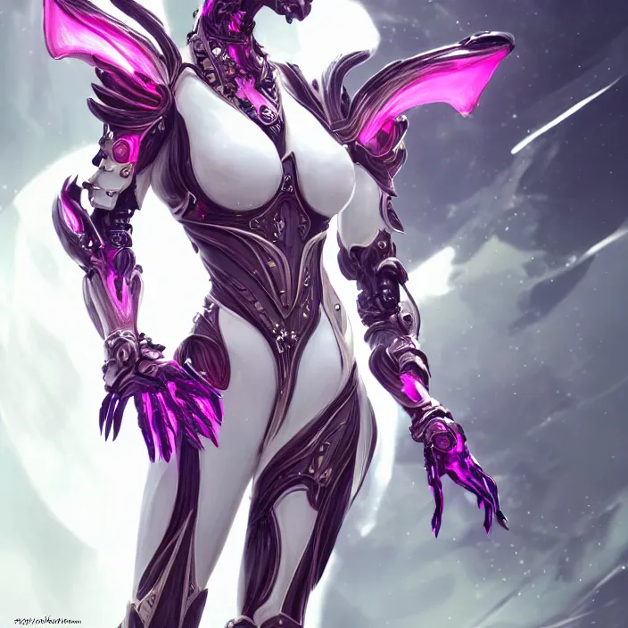 Image similar to highly detailed exquisite fanart, of a beautiful female warframe, but as a stunning anthropomorphic robot female dragon, standing elegantly with hand on hip, shining reflective off-white plated armor, slick elegant design, bright Fuchsia skin, sharp claws, full body shot, epic cinematic shot, realistic, professional digital art, high end digital art, DeviantArt, artstation, Furaffinity, 8k HD render, epic lighting, depth of field