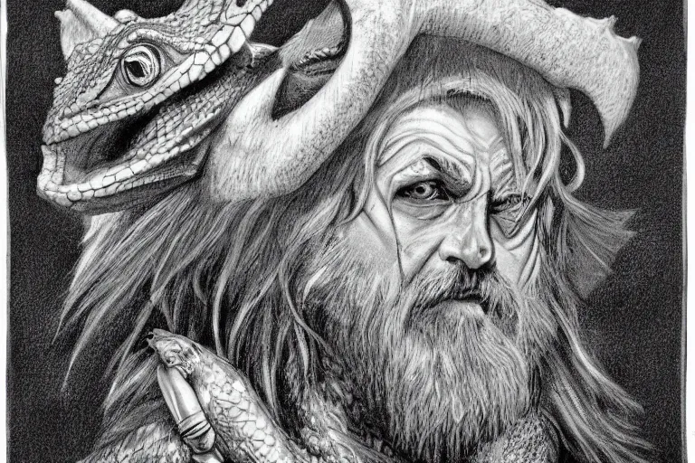 Image similar to 1979 Portrait of a bearded dragon wizard in high fantasy style by Chris Rahn. Trending on r/characterdrawing