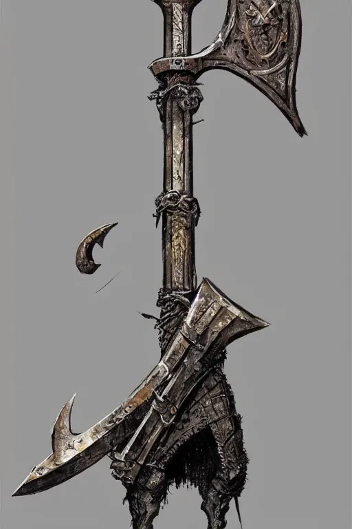 Prompt: a concept art of a great medieval axe with intricate design, concept art in style of Greg Rutkowski, painted by Frank Frazetta, John Singer Sargant
