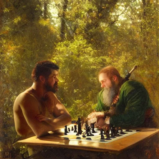 Image similar to a muscular lumberjack playing chess in the woods, fantasy painting by gaston bussiere, craig mullins