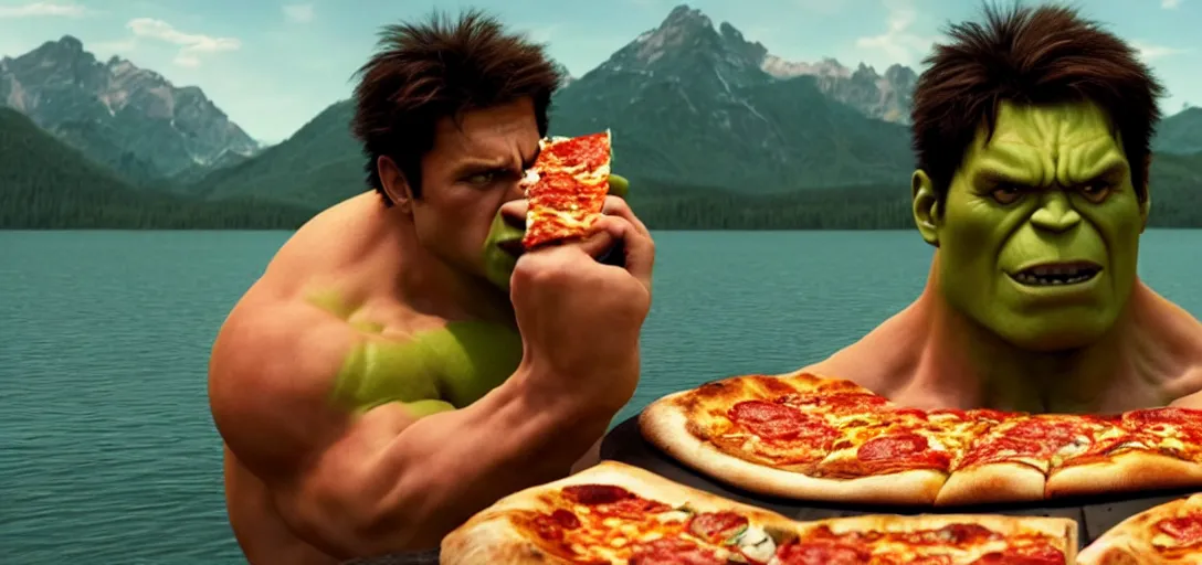 Image similar to a very high resolution image from a new movie. hulk eating pizza on a lake, photorealistic, photography, directed by wes anderson