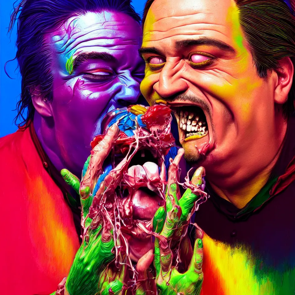 Image similar to bright psychedelic mike patton eating rotten flesh, smiling and puking, diffuse lighting, fantasy, intricate, elegant, highly detailed, lifelike, photorealistic, digital painting, artstation, illustration, concept art, smooth, sharp focus, art by francis bacon