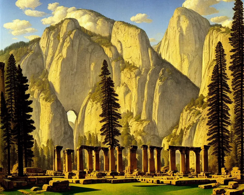 Prompt: an achingly beautiful print of roman ruins in the middle of Yosemite valley by Raphael, Hopper, and Rene Magritte. detailed, romantic, enchanting, trending on artstation.