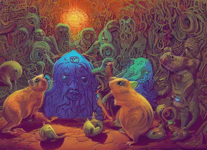 Prompt: psychedelic art of hamsters meeting god, in the style of michael whelan and james gurney and wayne barlowe