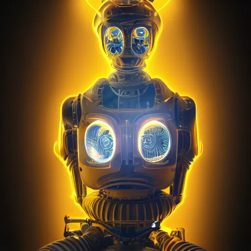 Image similar to ultradetailed ornate retro-future illustration of a robot radiating glowing aura, digital airbrush painting, 3d rim light, hyperrealistic masterpiece, artstation, cgsociety, golden ratio