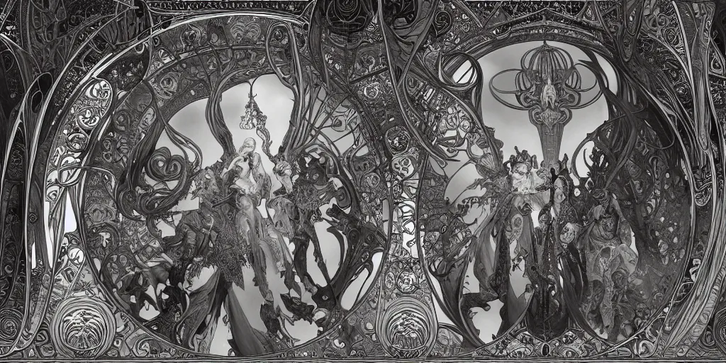 Prompt: 3 d rendered scene of the battle of angels and demons at the entrance to the fractal palace of cosmos painting of alphonse maria mucha and h. r. giger made in unreal engine hyper realistic, beautiful face, symmetrical face, good and evil, scrollwork, silver leaf, magical, detailed intricate, heraldic design, atmosphere, beautiful, realistic, detailed