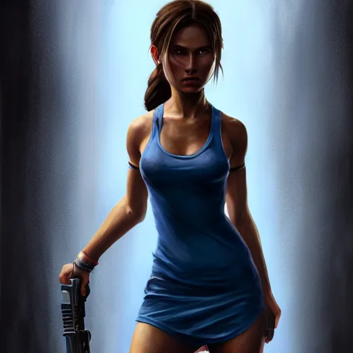 Prompt: Portrait of Ebba Busch as Lara Croft wearing a blue skater dress, Tomb Raider beautiful, 4k oil on linen by wlop, artgerm, andrei riabovitchev, nuri iyem, james gurney, james jean, highly detailed, soft lighting 8k resolution, intricate, elegant, highly detailed, digital painting, artstation, concept art, smooth, sharp focus, illustration, art by artgerm and Ruan Jia and Rembrandt and greg rutkowski and alphonse mucha and andrei riabovitchev and craig mullins