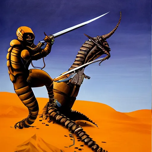 Image similar to painting of an arrakeen sandworm attacking the silhouette of a man in a stillsuit holding a crysknife