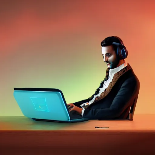 Image similar to Mozart listening on his laptop to sick beats on spotify, artstation, digital painting, 4k, light ray, particles