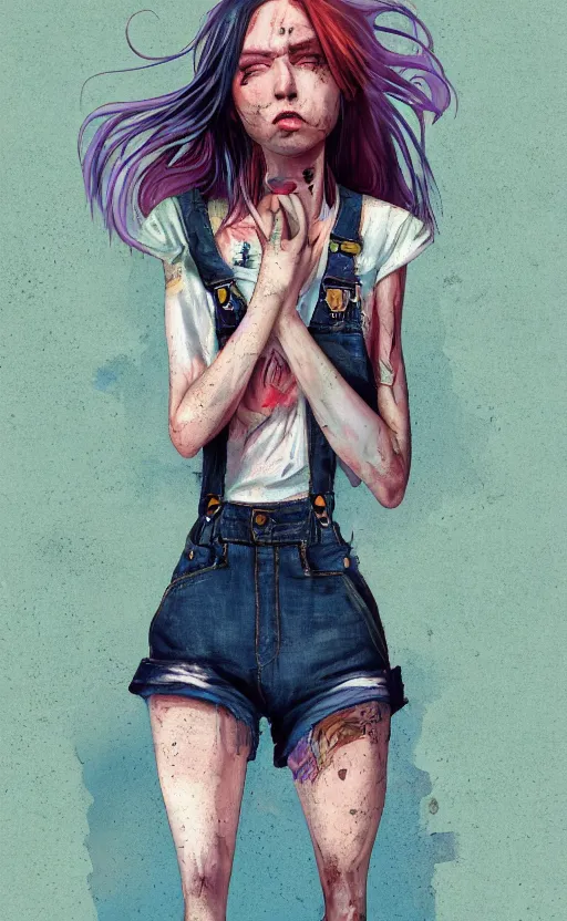 Prompt: a grungy woman with rainbow hair, drunk, angry, soft eyes and narrow chin, dainty figure, long hair straight down, torn overalls, short shorts, combat boots, basic white background, side boob, symmetrical, single person, style of by Jordan Grimmer and greg rutkowski, crisp lines and color,