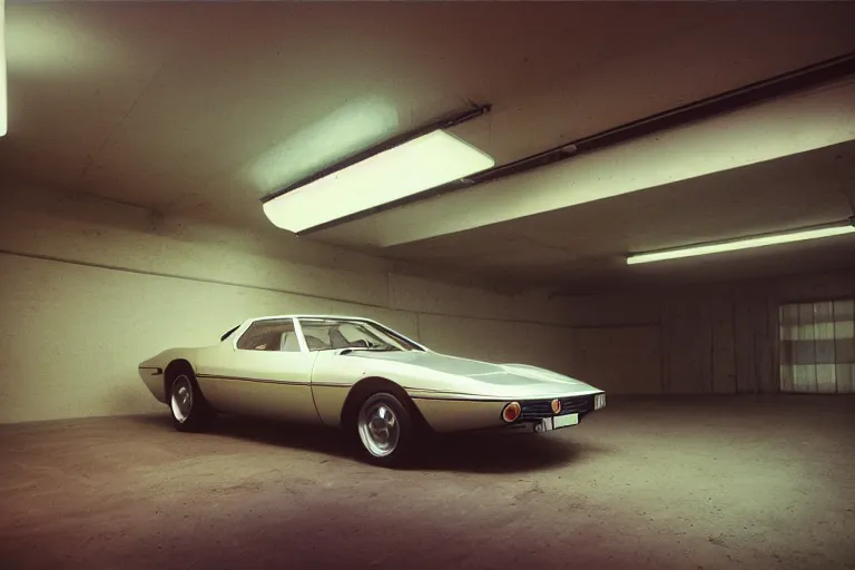 Image similar to single 1973Alfa Romeo Montreal, inside of a minimalist Tokyo garage, ektachrome photograph, volumetric lighting, f8 aperture, cinematic Eastman 5384 film