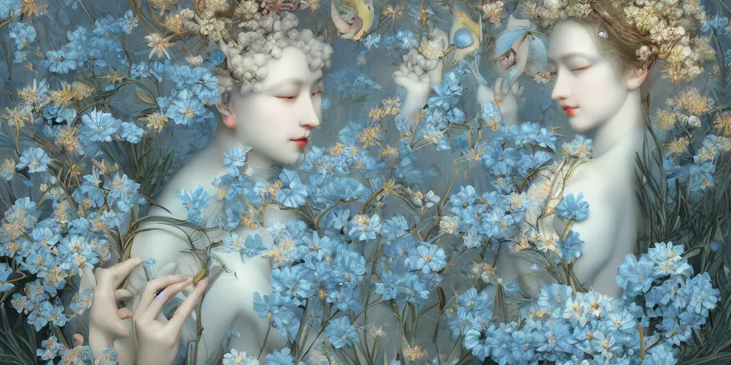 Image similar to breathtaking detailed concept art painting art deco pattern of blonde faces goddesses amalmation light - blue flowers with anxious piercing eyes and blend of flowers and birds, by hsiao - ron cheng and john james audubon, bizarre compositions, exquisite detail, extremely moody lighting, 8 k