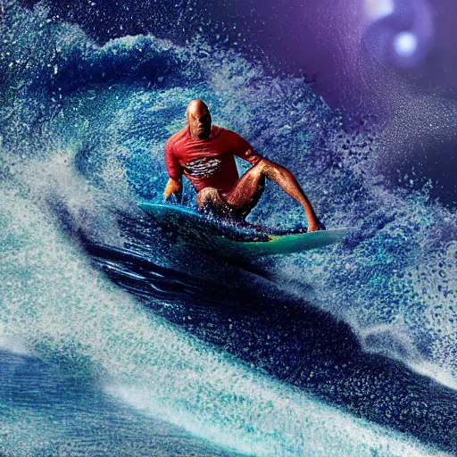 Image similar to kelly slater, psychedelic surfing, octane render, 8k, ultra detailed, iso 100