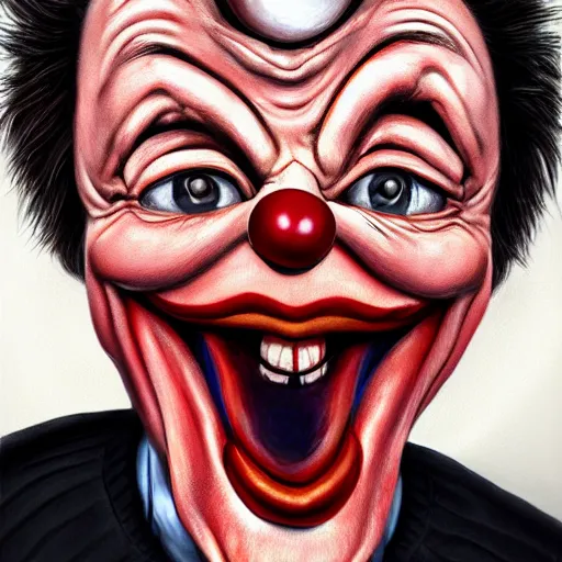 Image similar to Caricature portraits done of an angry british clown wearing a black hoodie and typing in a dark room on a computer late at night, realistic, hyperrealistic, very realistic, highly detailed, very detailed, extremely detailed, detailed, oil painting, digital art, trending on artstation