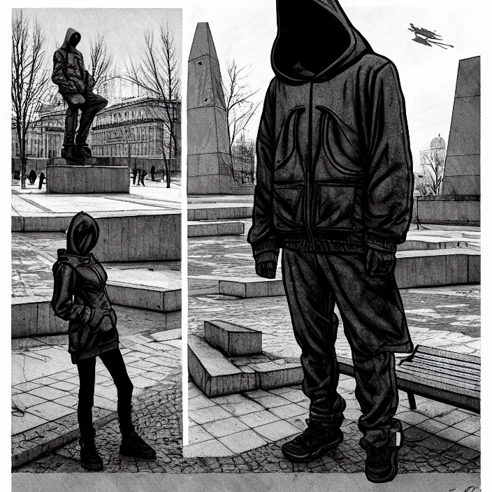 Image similar to sadie sink in hoodie sits on bench in ruined square, pedestrians walk by, soviet monument and propaganda posters. storyboard, scifi cyberpunk. by gabriel hardman. cinematic atmosphere, detailed and intricate, perfect anatomy