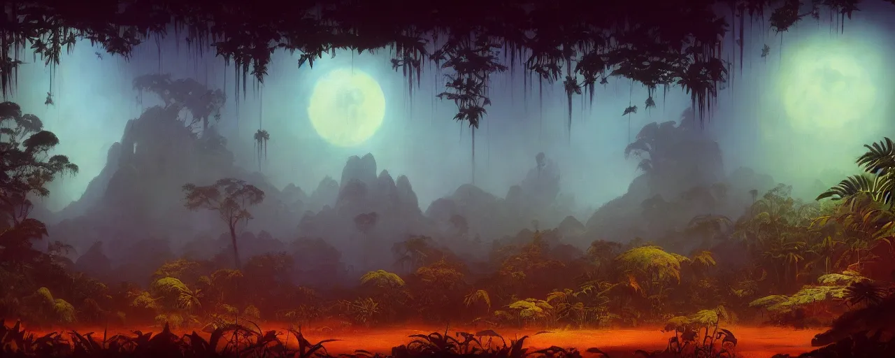 Prompt: very detailed mystic foggy cinematic jungle background , moon,backlight trees by frazetta