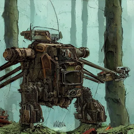 Prompt: destroyed world war mech in the forest, by Ian McQue, detailed art, rusted. grime, ruined, diesel