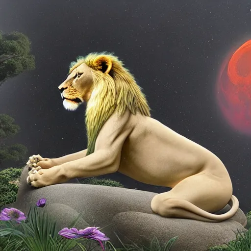 Image similar to an anthromorphic lion meditating in a zen garden with a waterfall under the blood moon, by Adi granov and afarin sajedi and amanda sage and evgeni gordiets and Agostino Arrivabene and adonna khare in a psychedelic portrait style, ultrarealistic matte painting, volumetric lighting, fractal, extremely symmetrical, highly detailed face, orisha, 8k, hd